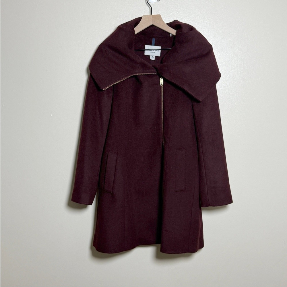Cole Haan Signature‎ Wool Blend Asymmetrical Zip Shawl Collar Coat 8 Burgundy